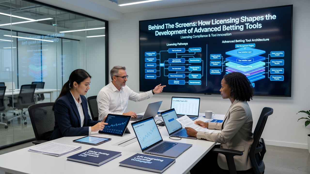 Development team reviewing licensing compliance documents alongside betting tool prototypes