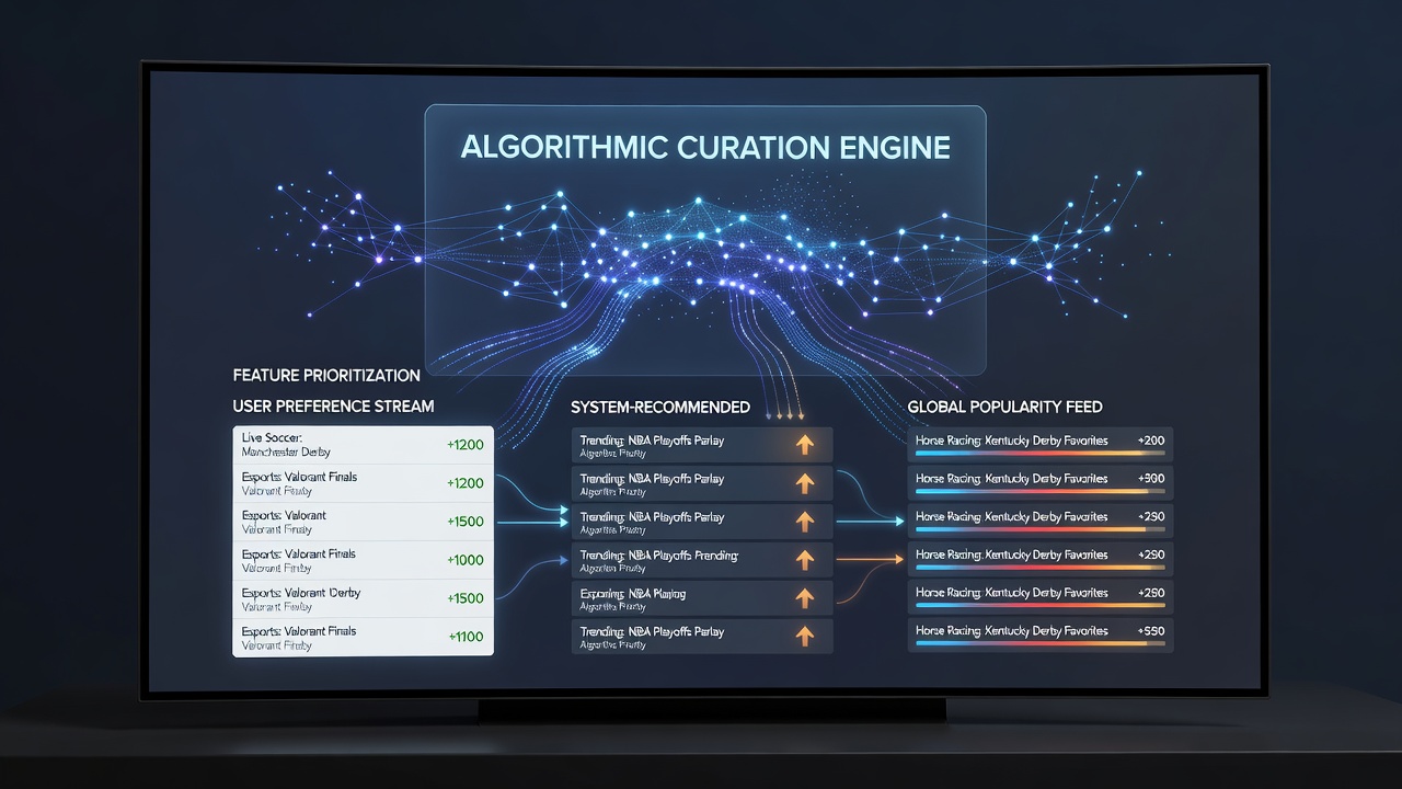 Visualization of algorithmic data flows influencing feature prioritization on digital wagering interfaces