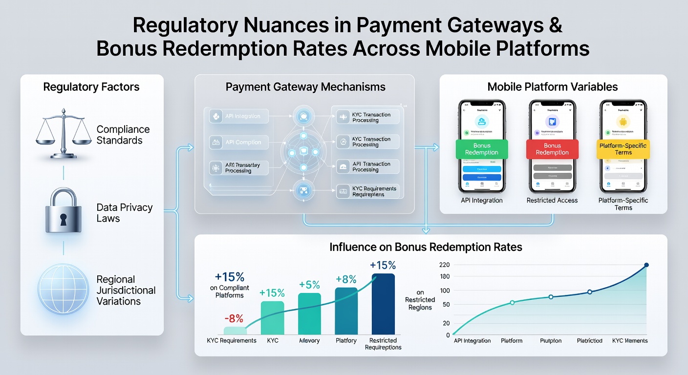 Analytics dashboard displaying bonus redemption metrics segmented by mobile platform and regulatory region