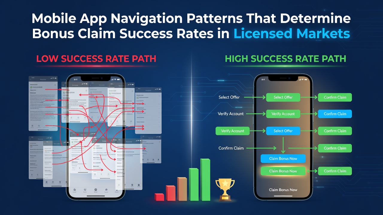 Mobile app screen displaying intuitive navigation menu for bonus claims in a licensed betting platform
