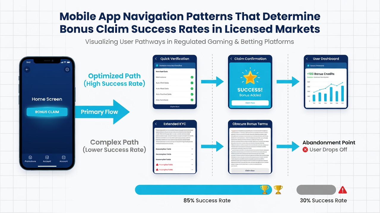User analytics dashboard highlighting navigation paths and bonus claim conversion metrics in licensed markets