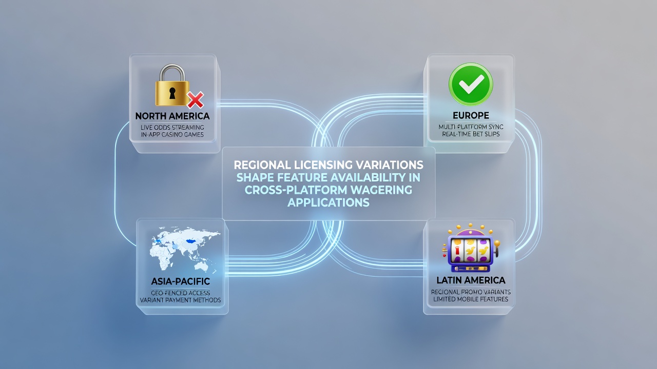 Diagram showing how different regional licenses control which features appear in cross-platform wagering apps across global markets
